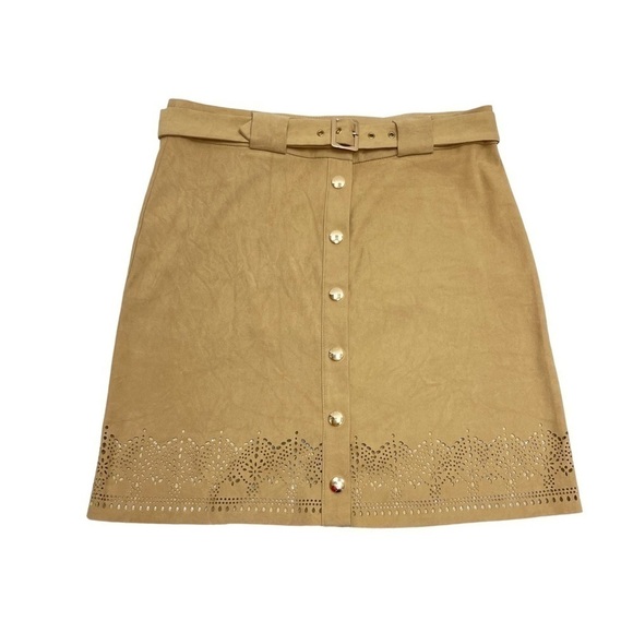 SAN Francisco A- line silhouette skirt size 11 eyelet hem belted midi tan suede - Picture 1 of 11